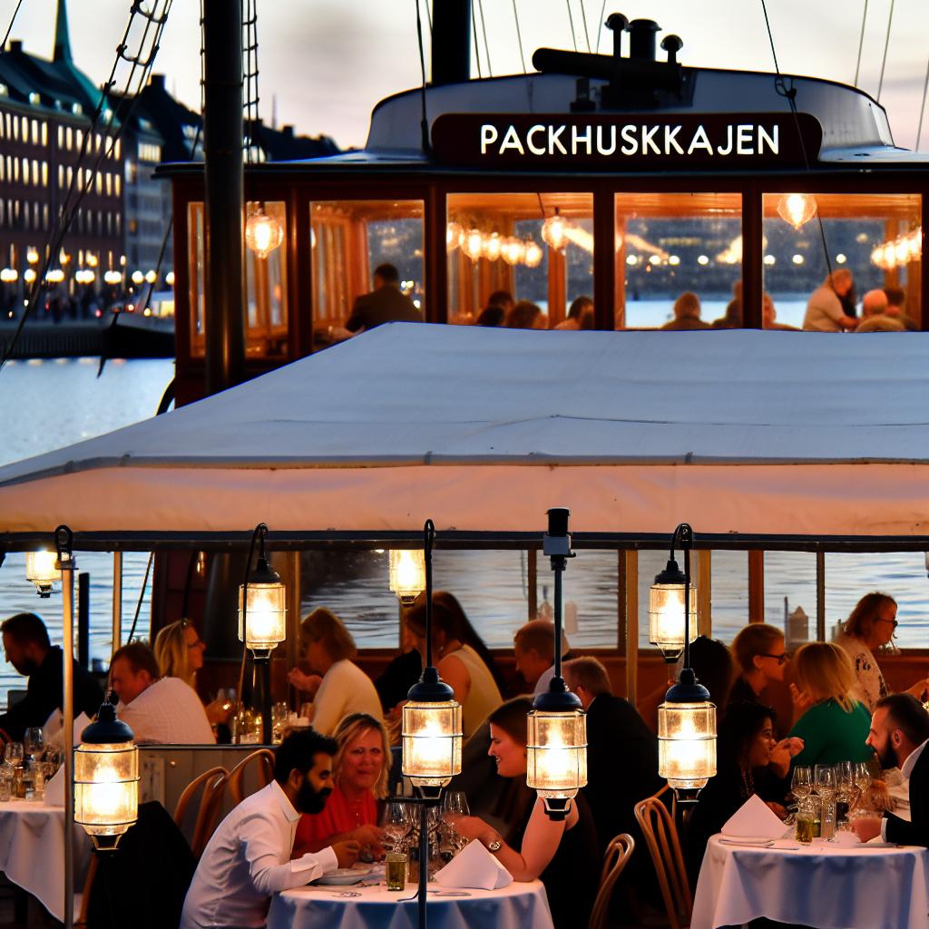 Njut av en middag på en flytande restaurang vid Packhuskajen