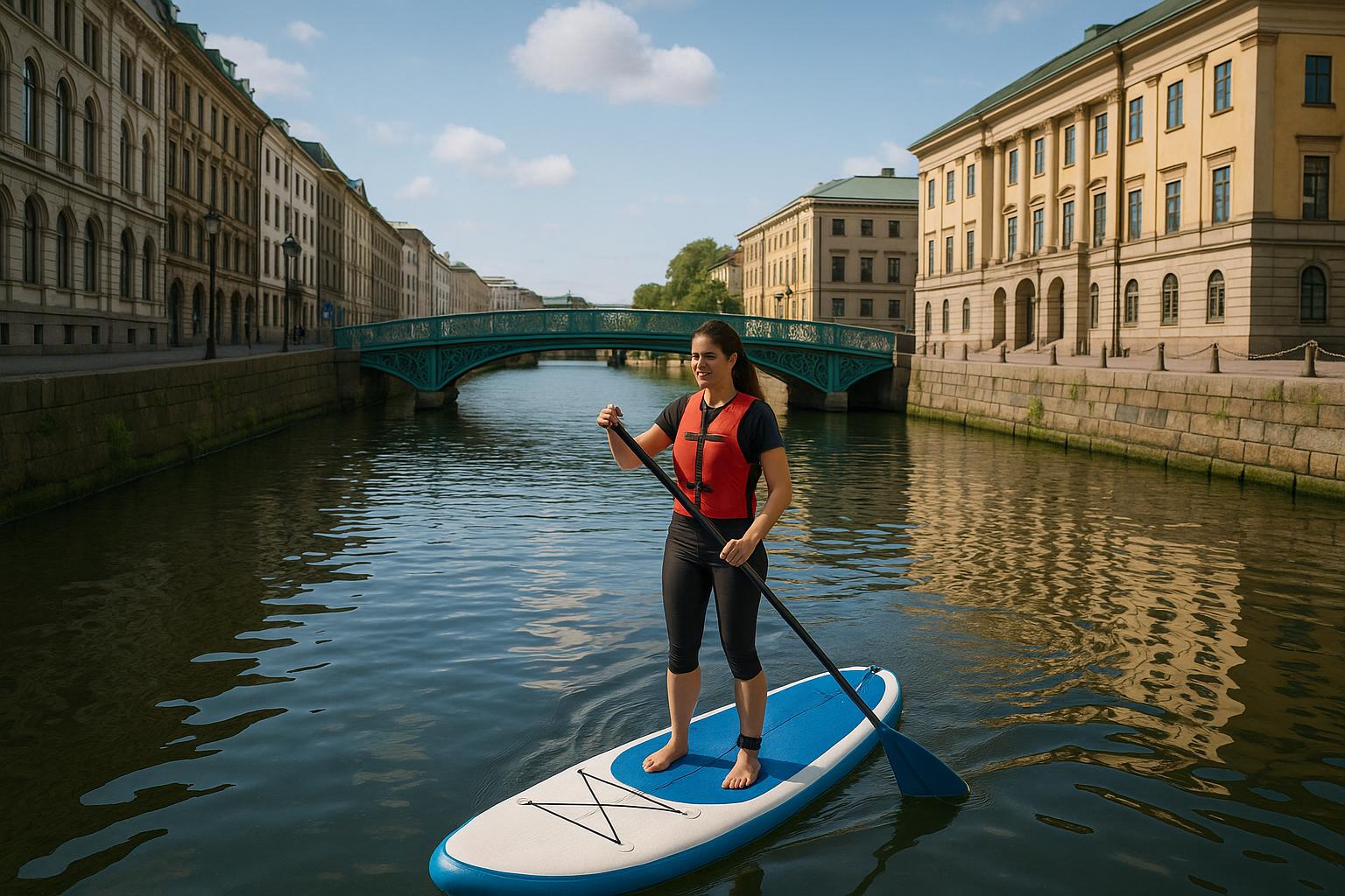 Prova paddleboarding i Göteborgs kanaler
